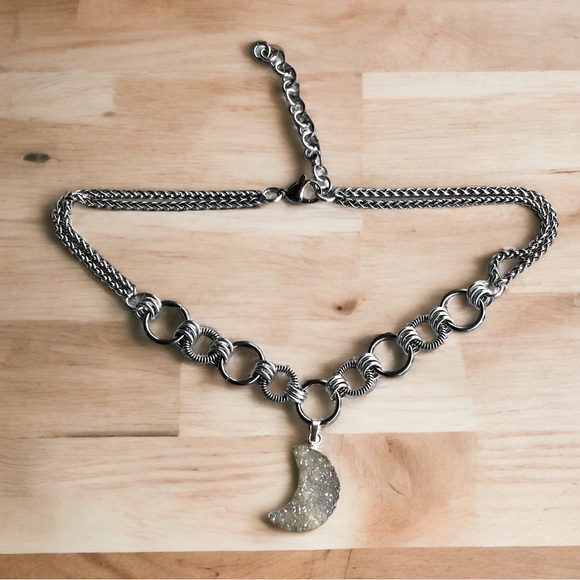 stainless steel necklace double wheat chain druzy quartz crescent moon charm - Picture 10 of 12